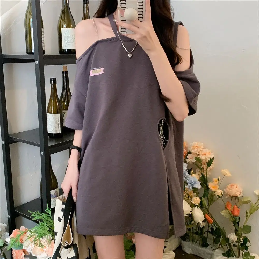 150kg Wearable Summer Irregular Open Shoulder Women Short Sleeve T Shirts Heart Shaped Chain Hem Split Slit Loose Clothing Sweet