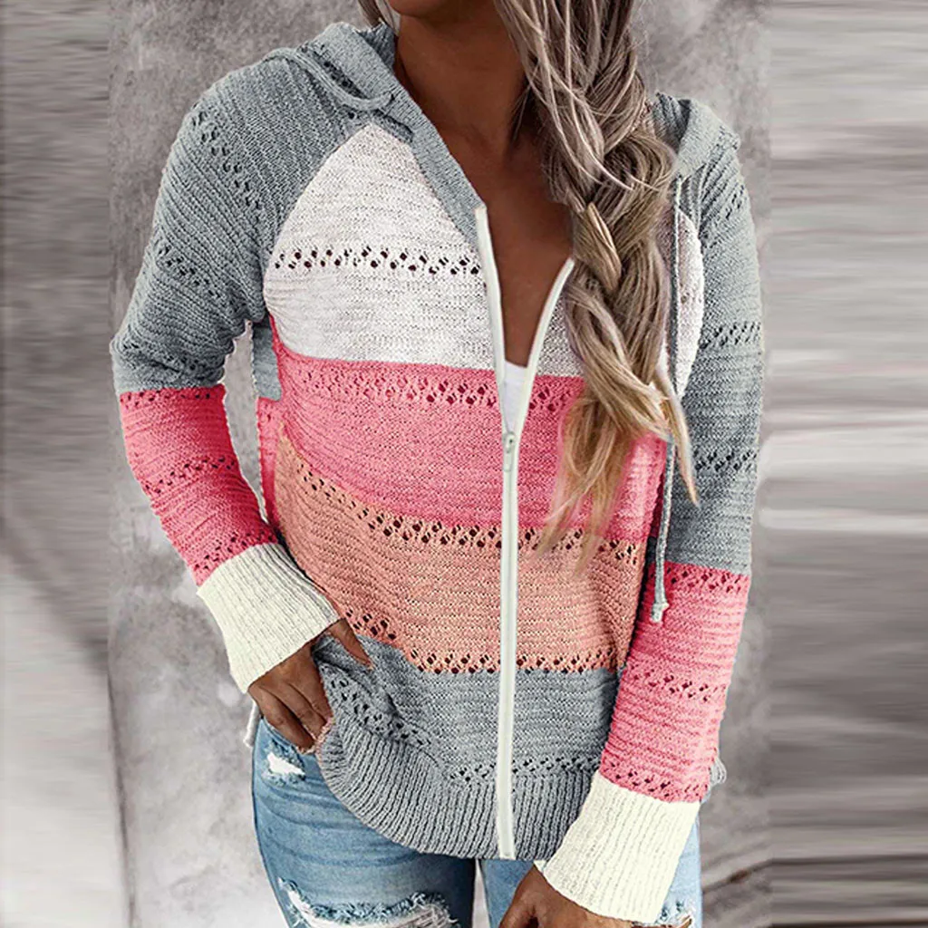 

Lady V Neck Knit Long Sleeve Sweater Patchwork Elegant Striped Patchwork Cardigans Autumn Women Casual Loose Hooded Zipper Tops