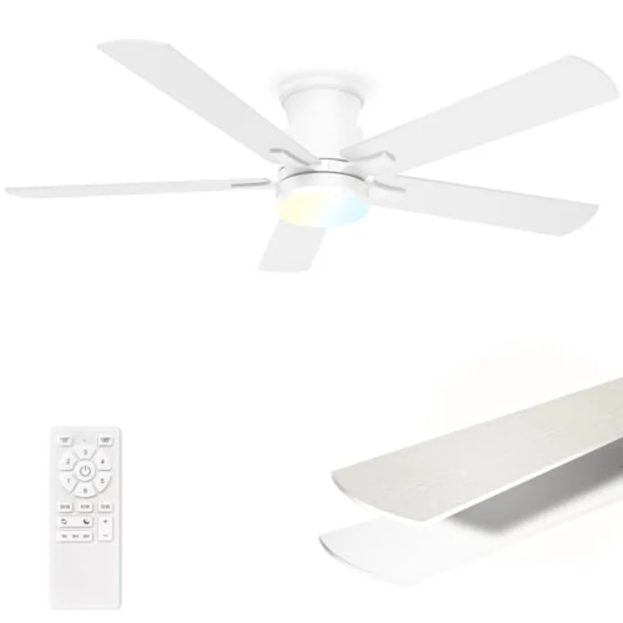 

Ceiling Fans with Lights 52 Inch, Flush Mount, Remote Control, 3CCT Dimmable, 6 Speeds, Quiet Reversible DC Motor, Low Profile