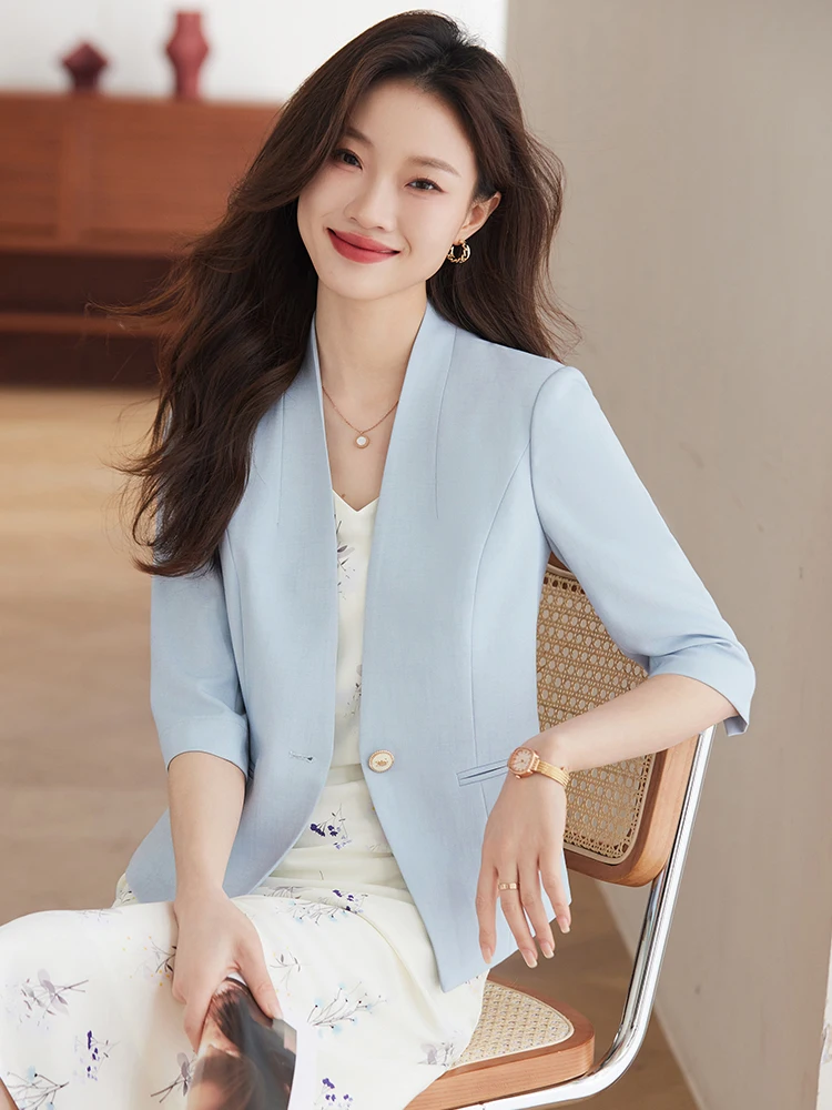 Light Blue Sleeveless Women's Suit Jacket Casual Thin Style V-Neck Button Design Polyester Fiber Commute Fashion Summer New