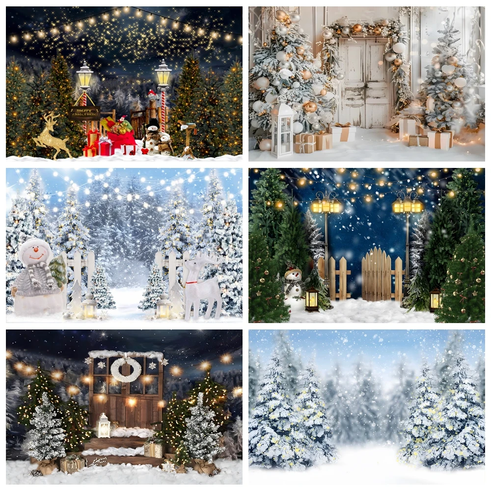 

Winter Forest Snowflake Photography Backdrop Glitter Lights Snow Scene Snowfield Christmas Tree Background for Photo Studio