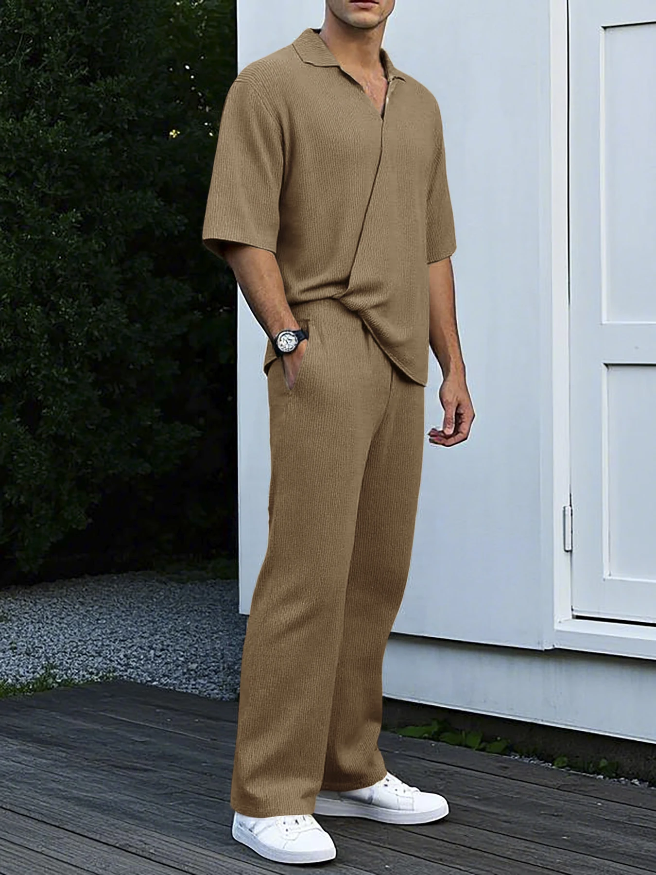 Men's suit Loose casual pants, short sleeves Spring and Autumn Daily Bubble Wrinkle Two Piece Set Hot sale Men's wear