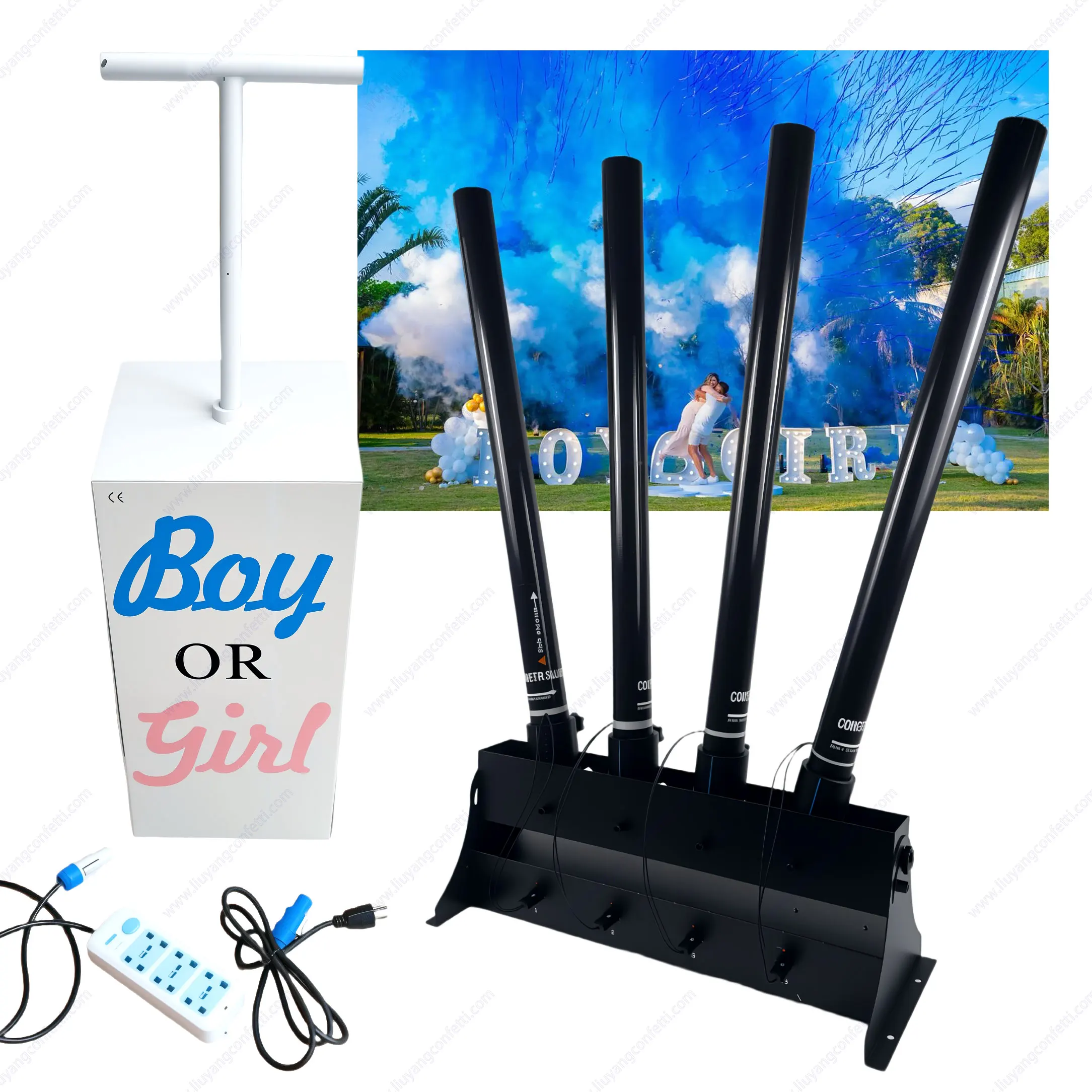 

Electronic Spray Confetti Powder Cannon Four Tubes Gender Reveal Wedding Graduation Party Wedding Color Smoke Baby Shower TNT FX