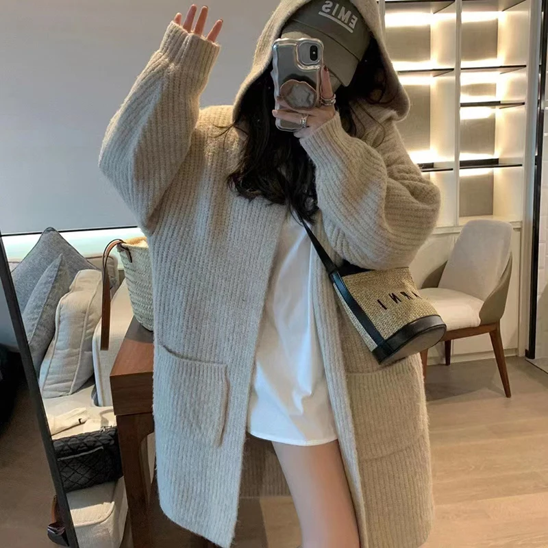 Hooded Long Sleeved Loose Sweater Pocket Knit Sweater Cardigan Long Coat Autumn Winter Women Clothing Casual High Street Vintage