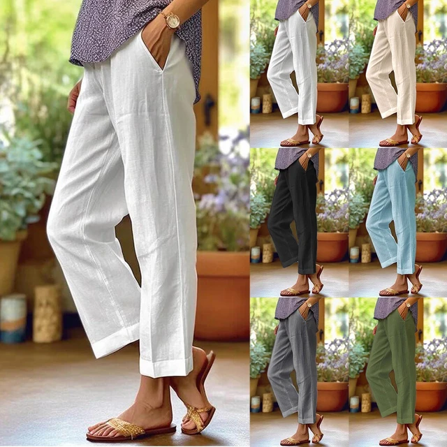 2024 Summer Cotton Linen Pants Women Solid Color Casual Ankle length Pants Casual Female Elastic Waist Loose Trousers AliExpress