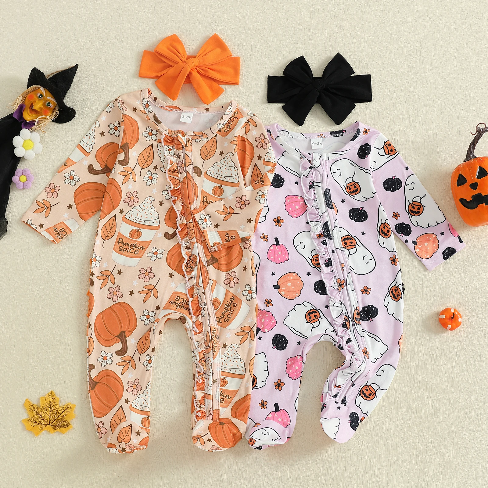 

Lioraitiin Baby Girl Halloween Outfit Pumpkin Ghost Print Crew Neck Long Sleeve Footed Romper with Headband 2Pcs Set