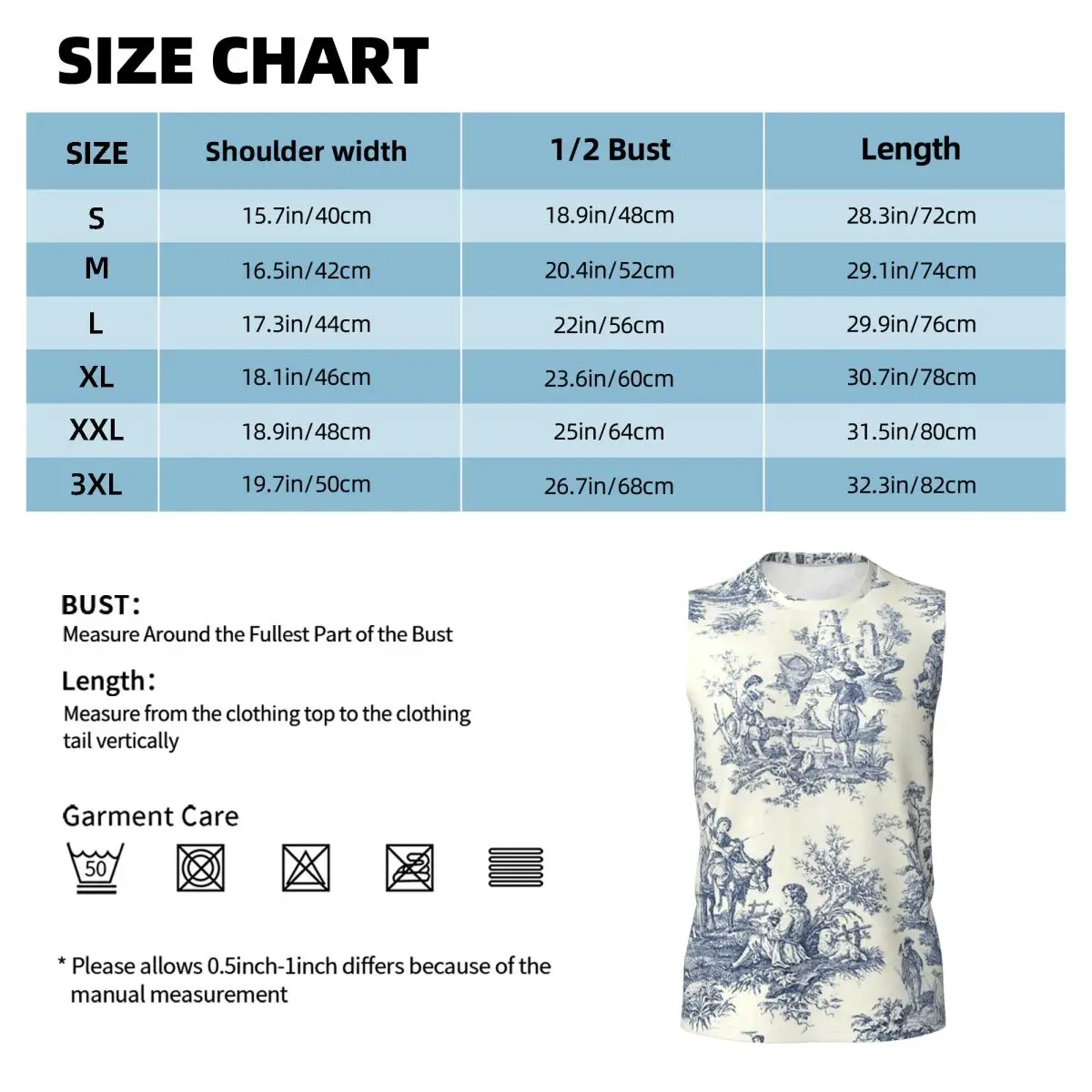 Powder Blue French Toile Picnic Design Men Printed Sleeveless T-shirt Casual Hip Hop Street Style Beach Holiday Tank Tops
