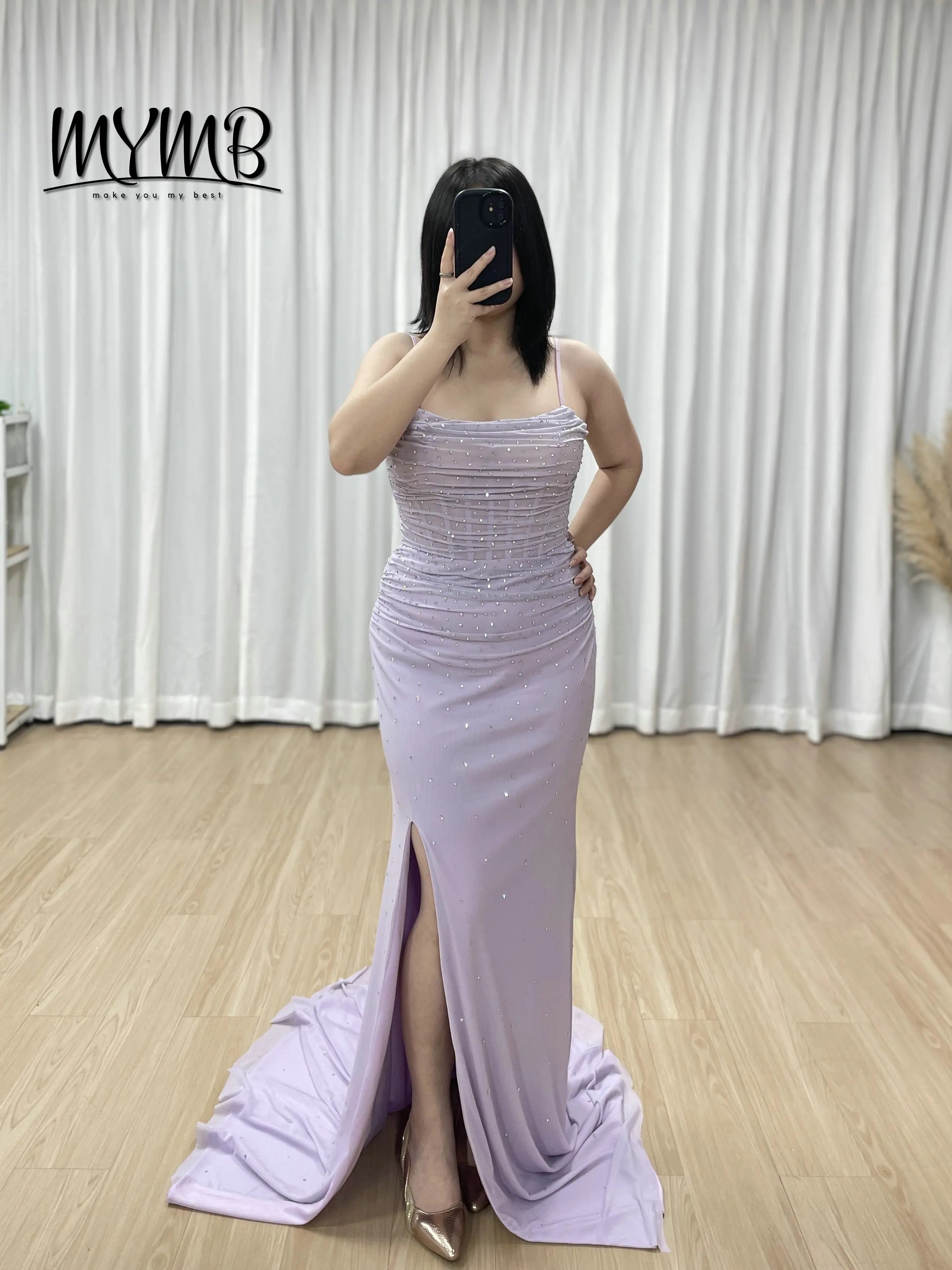 

MYMB сексуальное сиреневое платье для выпускного вечера со рюшами и высоким разрезом на тонких бретельках, расшитое кристаллами и бисером, тюлевое вечернее платье для официальной вечеринки MB40461