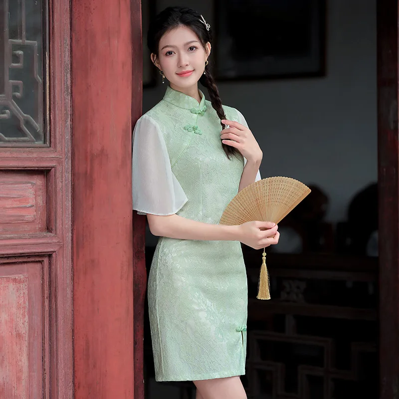 Kanten Temperament Meisjes Mode Qipao Kleine Frisse Uitlopende Mouwen Verbeterde Cheongsam Chinese Traditionele Opstaande Kraag Jurk