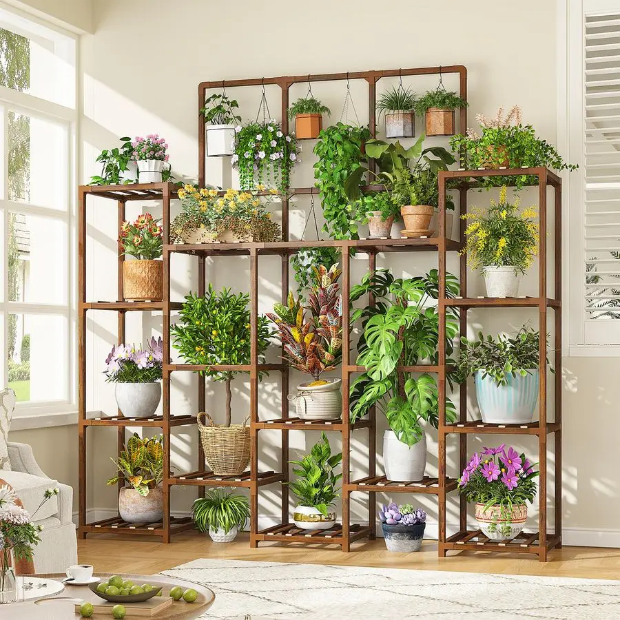 

63H Plant Stand Indoor Tall Plant Stands Outdoor with 7 Tiers and 14 Potted Upgrade Wood Plants Shelves Stand for Living Room P