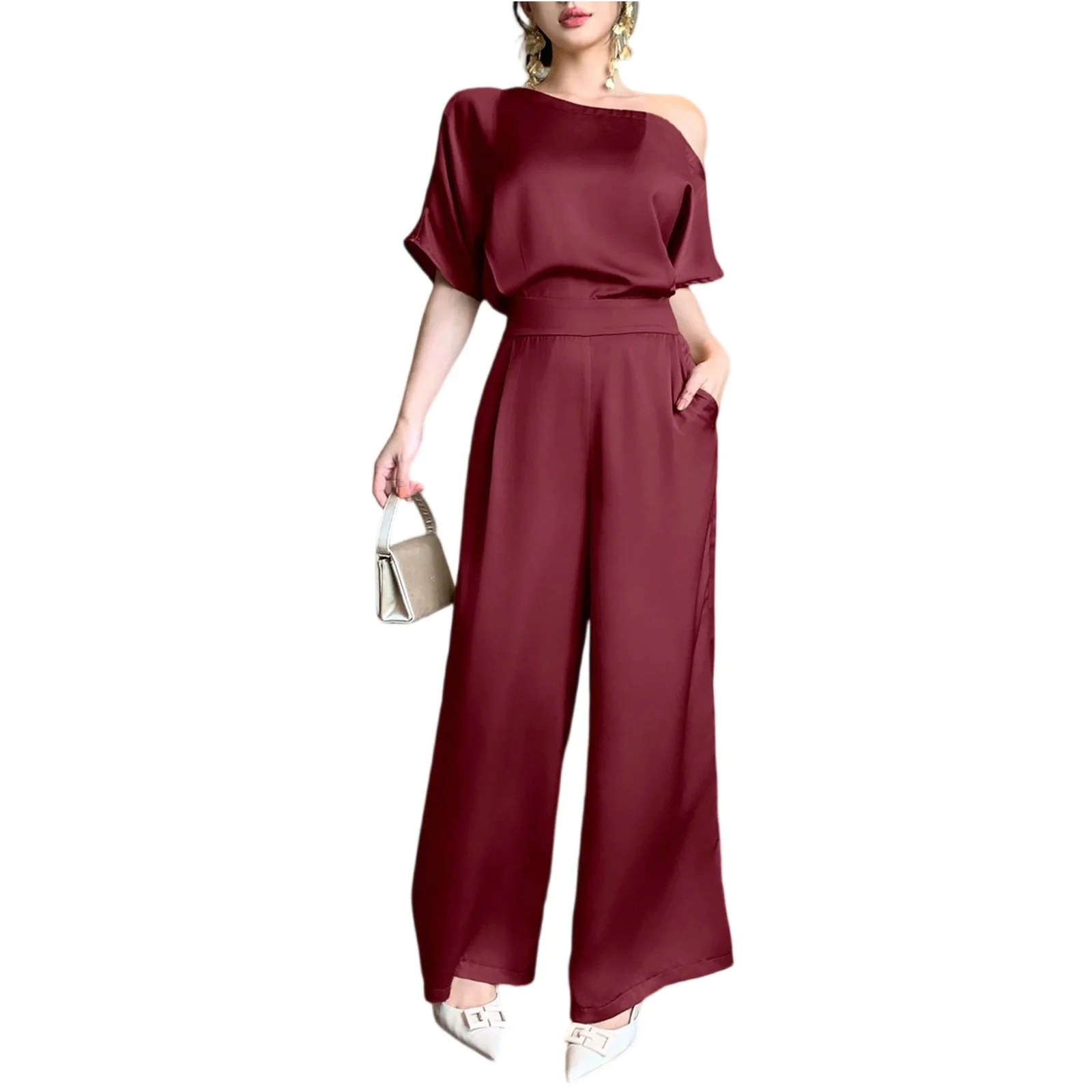 

Solid Color Asymmetrical Jumpsuit Elegant Off Shoulder Jumpsuit Spring And Autumn Women'S Jumpsuit