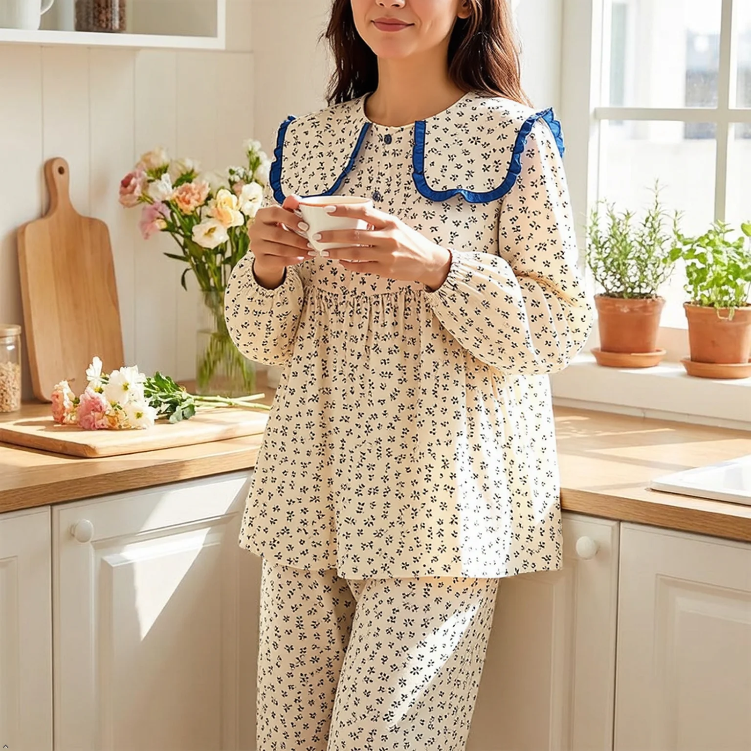 

Women's 2 Piece Pajama Set, Spring Soft Lightweight Breathable Loungewear, Cute Princess Neck Long Sleeve Top & Long Pants