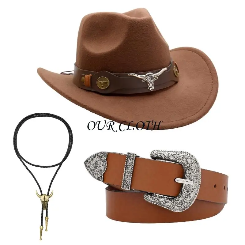 3Pcs Cowgirl Hats Buckles Belt Western Cowgirl Costume for Halloween Party Dressing Up Pretend Play Western Outfit Adult Y1AC