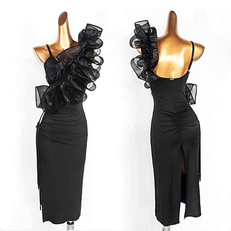 

Women's Latin Dress Adult Stage Show Latin Gown Rumba Tango Salsa Costumes Black Sleeveless Long Dresses Practice Wear VDL4232