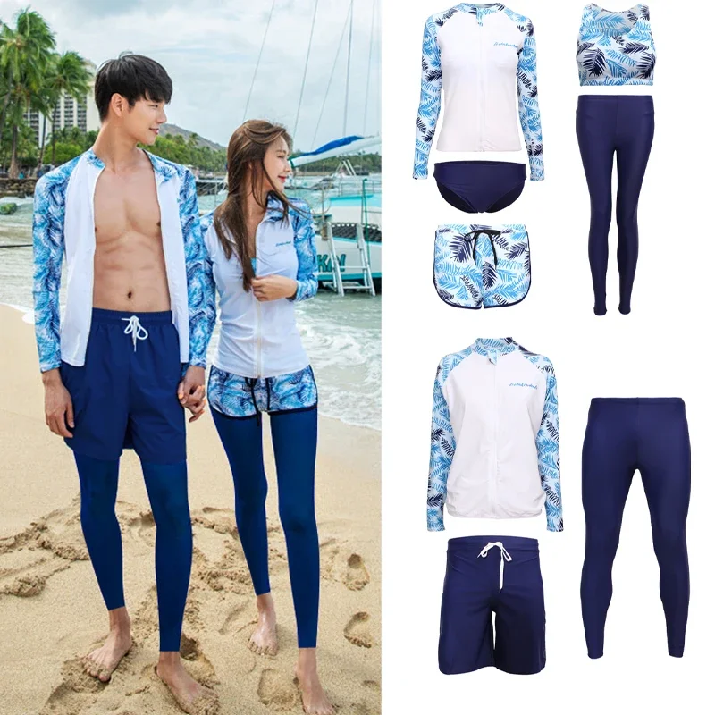 

2024 Korean Couple Rash Guards Women Men Two-Piece Sports Swimwear Long Sleeve Print Surfing Swimwear Couple Surf Suit