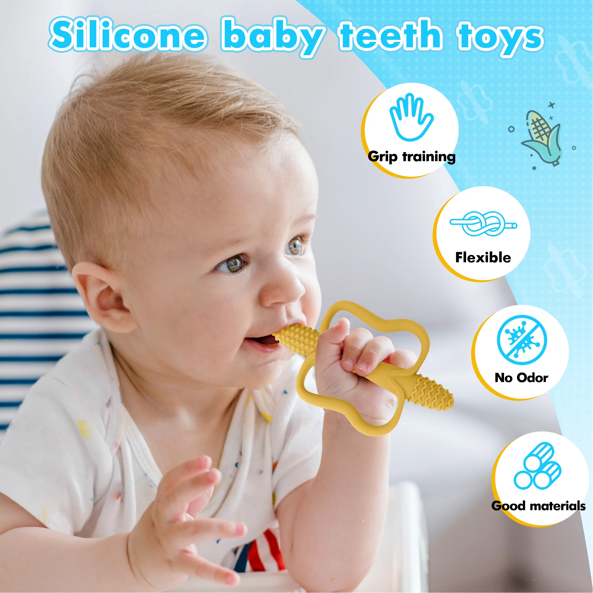 عصا تسنين من السيليكون مكونة من قطعة واحدة مع مقبض، عضاضة لعبة أطفال، 6 ألوان، سهلة الإمساك، عضاضة على شكل ذرة، خالية من مادة BPA. #2