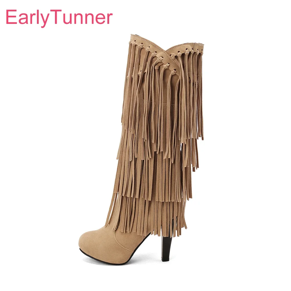 

New Winter Sexy Beige Brown Women Knee High Boots Round Toe Super High Spike Heel Lady Shoes Plus Small Big Size 10 32 43