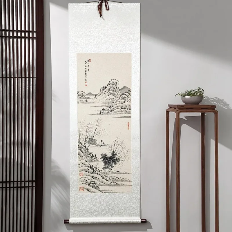 Original hand-drawn ink artwork with scenery and characters, classic scroll adornment for home and workspace