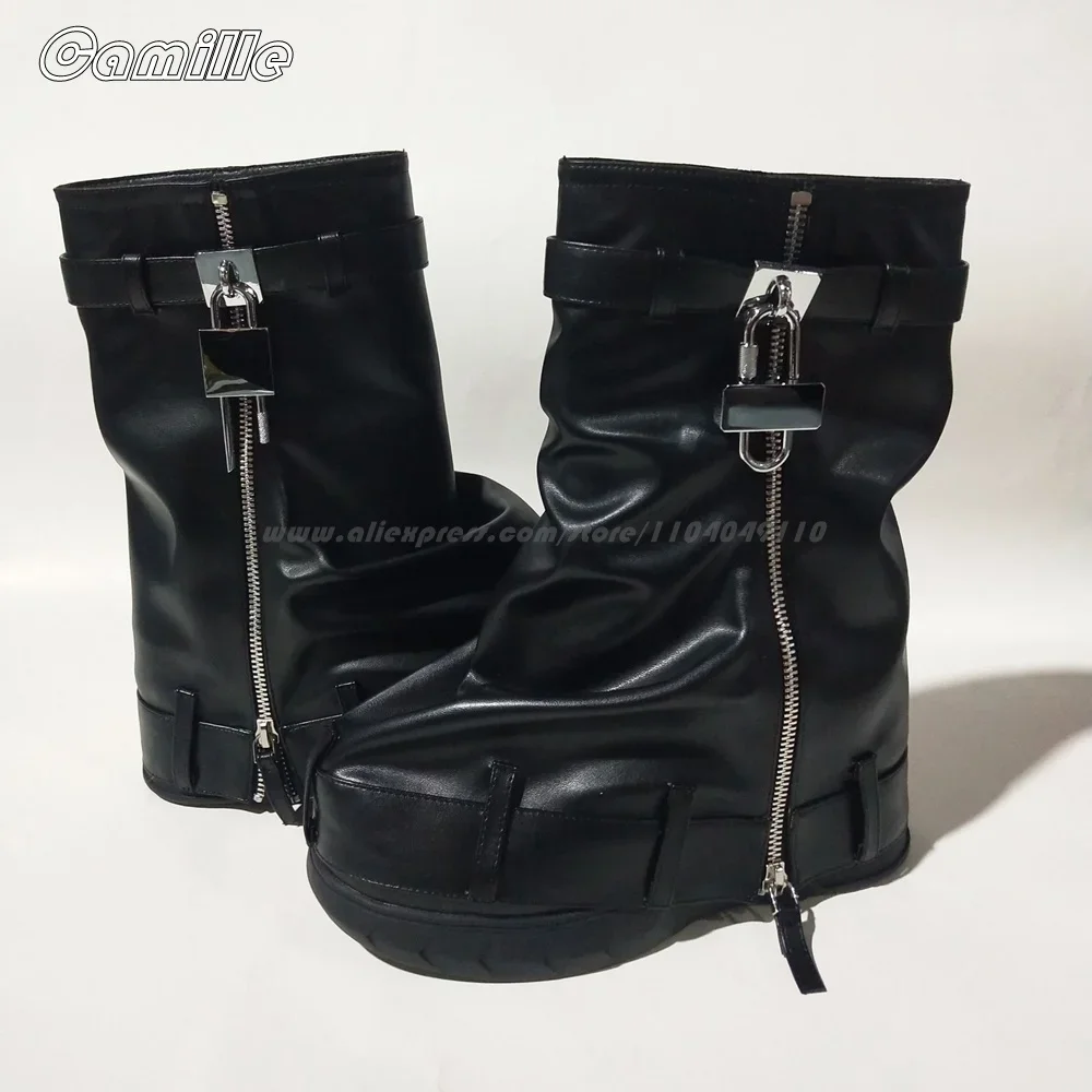 Solid Metal Lock Shark Buckle Side Zipper Trouser Boots Size 35-44 Thick Sole Mid Calf Boots Round Toe Platform Casual Boots