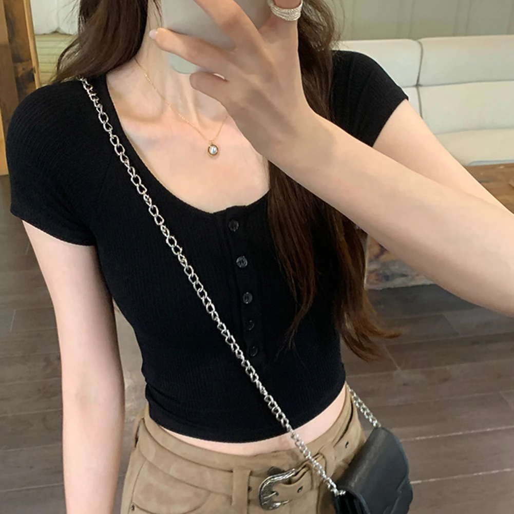 T-shirt à demi- boutonnage, haut ajusté, tenue décontractée, tissu microélasticité, Design Sexy, couleur unie, décolleté en V