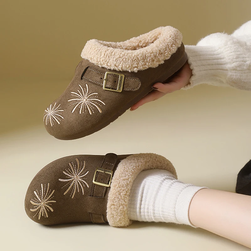 Korean Embroidery Lambswool Mules Slippers Women Winter Warm Heighten Suede Cotton Slippers Woman Comfy Non Slip Plush Slides