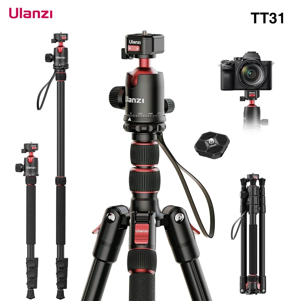 

U​lanzi TT31 Claw Quick Release Tripod 2-in-1 Tripod and Monopod Portable Travel Tripod for DSLR Camera Outdoor Photography