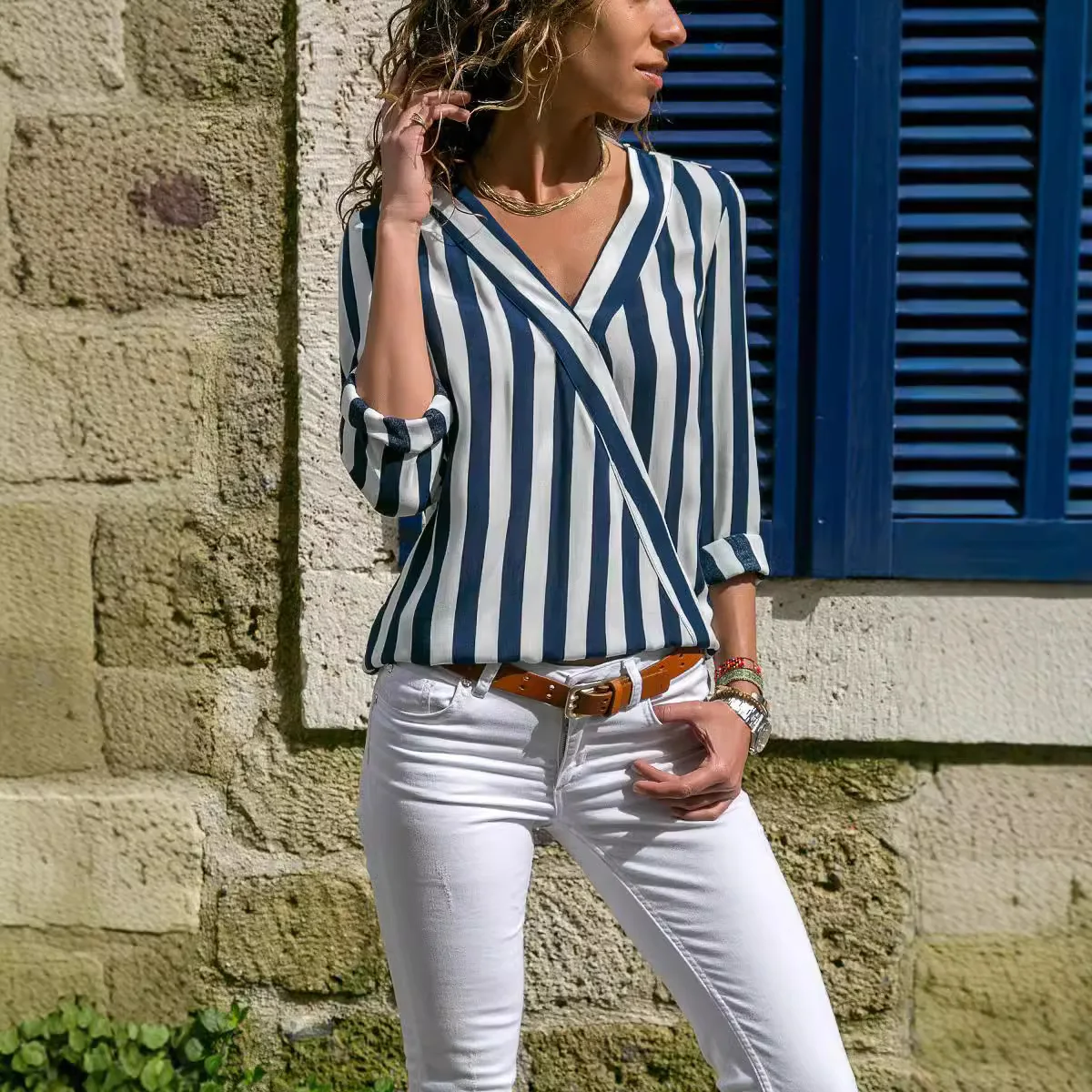 Camiseta de manga larga con cuello en V, camisa cruzada holgada a rayas, Otoño/Invierno