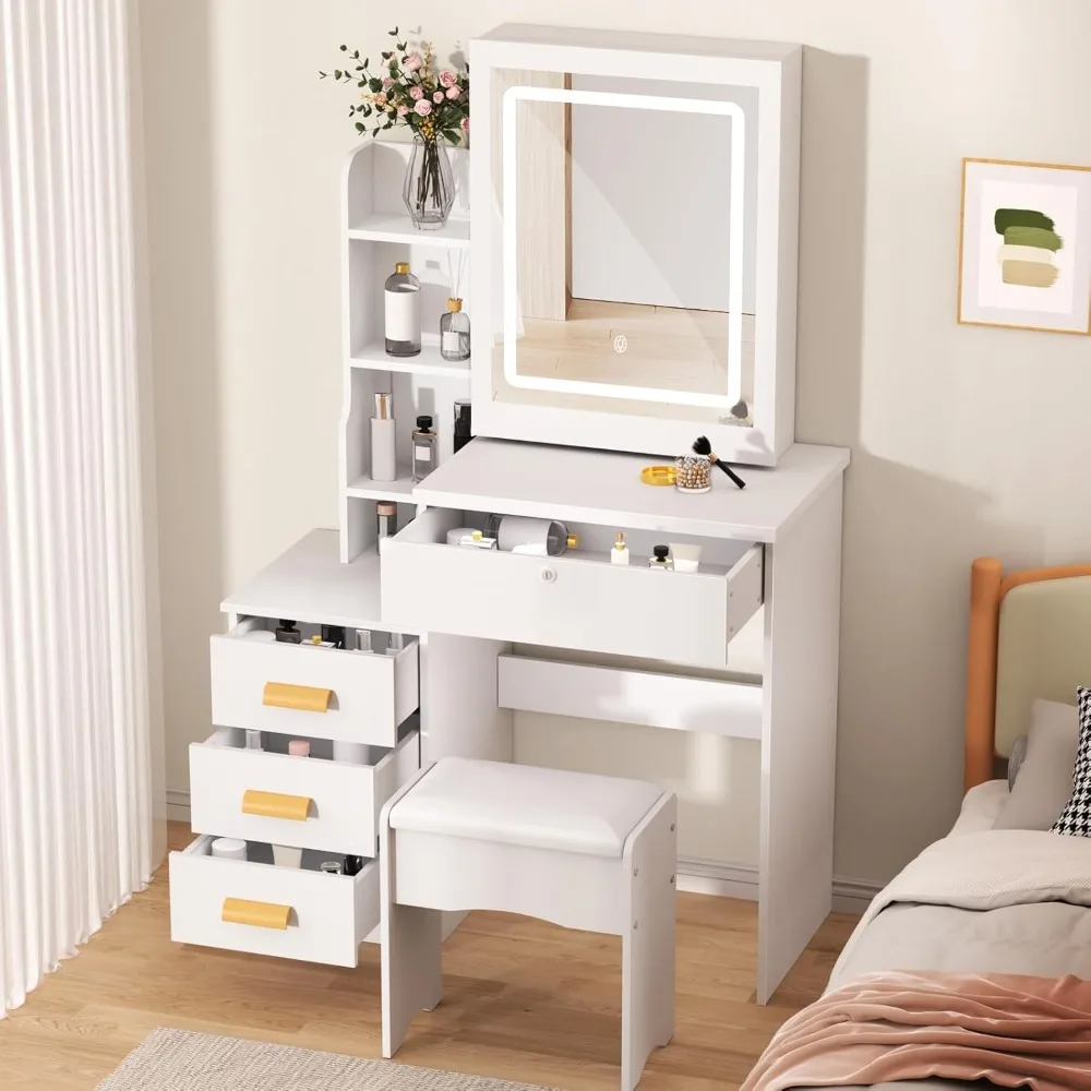 

Dressing table with sliding mirror and light, bedroom dressing table, dressing table with drawers and shelves