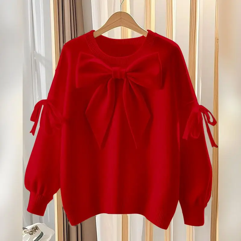 2025 Autumn Winter New Chic Pullover Knitwear Women's Outer Wear Korean Loose Lantern Lazy Bow Red Base Sweater Tops