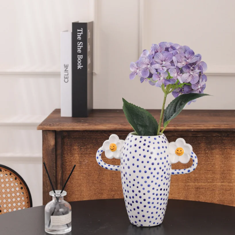 Handle Ceramic Vase Flower Pots Table Decoration Ornaments Flowers Arrangement Floral Vases Room Aesthetic Decor