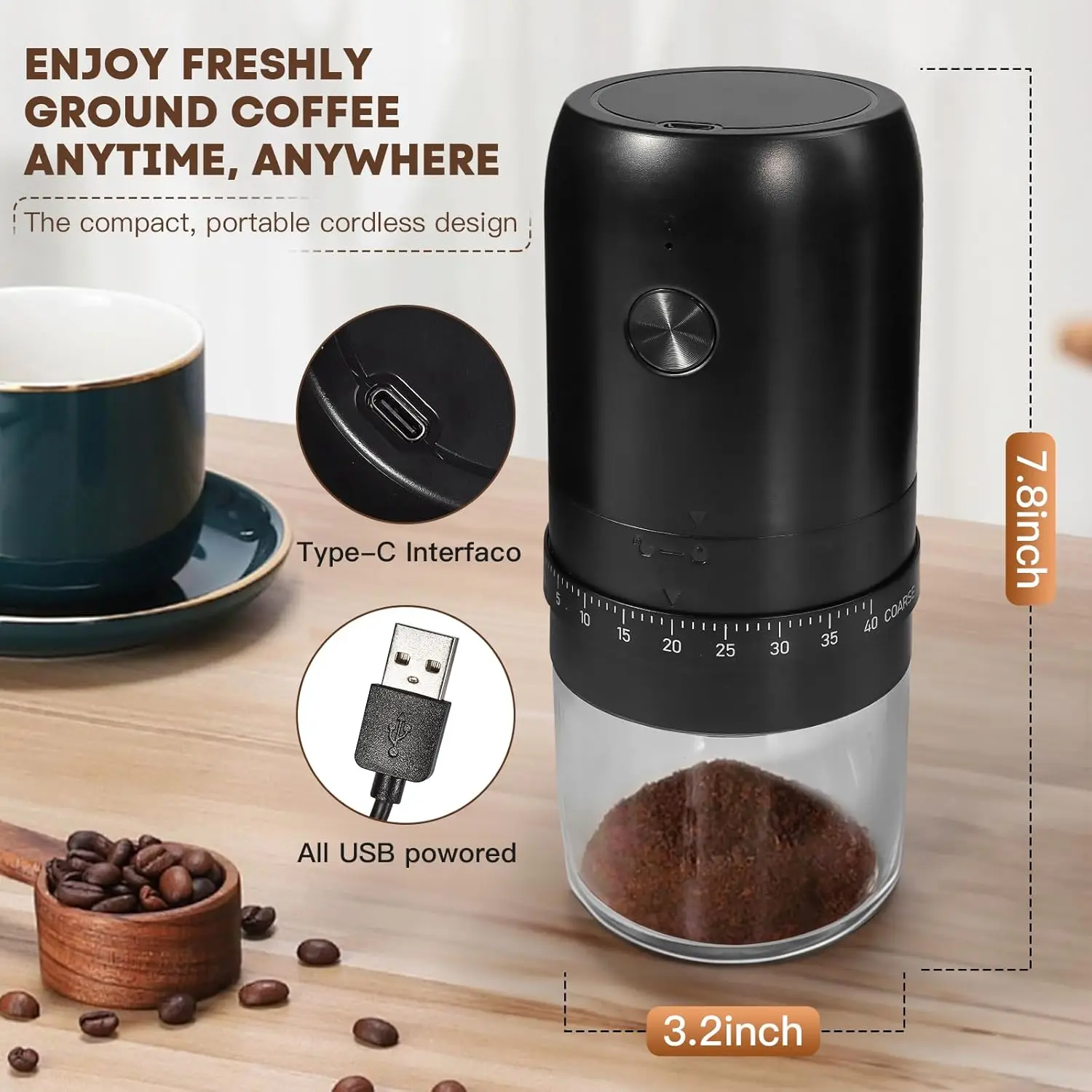 New Portable USB Electric Coffee Bean Grinder 40 Gears External Adjustable Rechargeable Grinders Household Mini Coffee Machine
