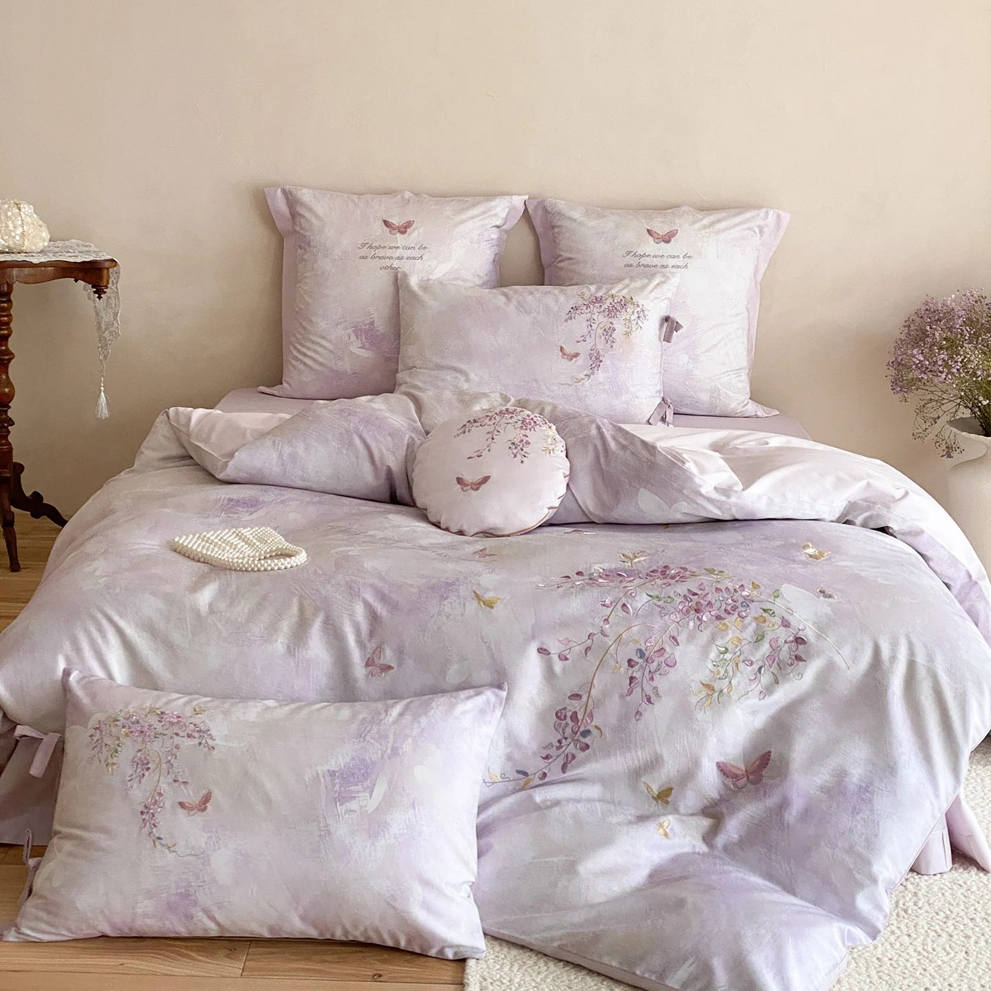 Chic Wisteria Butterfly Embroidery Luxury Bedding Set 600TC Egyptian Cotton Duvet Cover Flat/Fitted Bed Sheet Pillowcases 4Pcs
