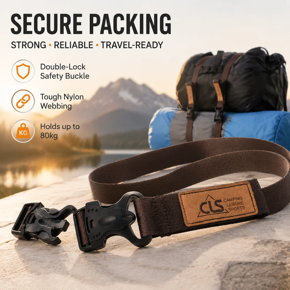 Luggage Strap 120cm Brown Nylon Webbing with Double Lock Buckle for Suitcase Travel Gear Cargo Tie Down