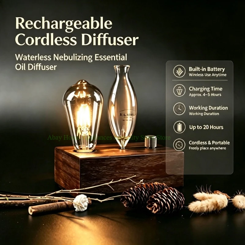 Rechargeable Waterless Nebulizing Essential Oil Diffuser Wooden Glass Cordless Aromatherapy Nebulizer Home Fragrance Diffuser view 2