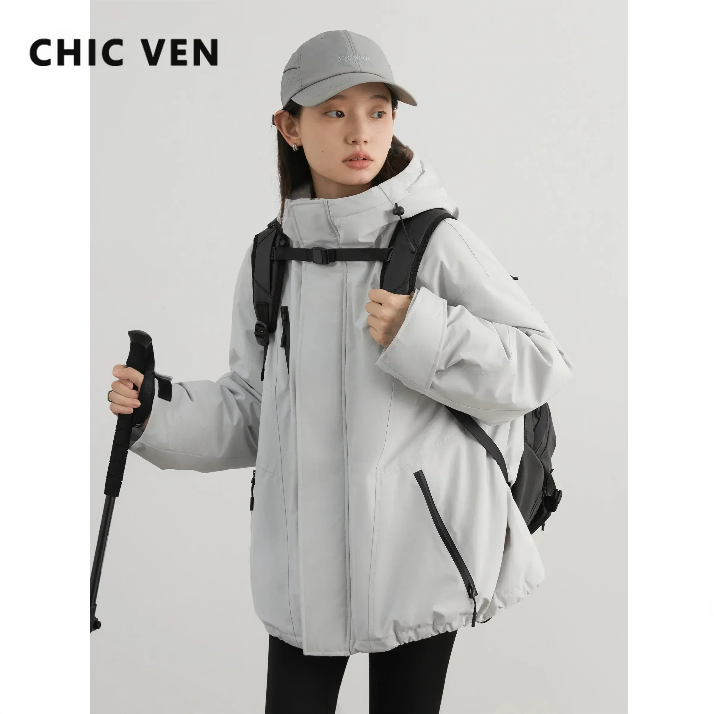 CHIC VEN Women Down Jacket Loose Outdoor Stand Collar Hooded 90 White Duck Down Sport Coat Female Clothing Winter New 2024