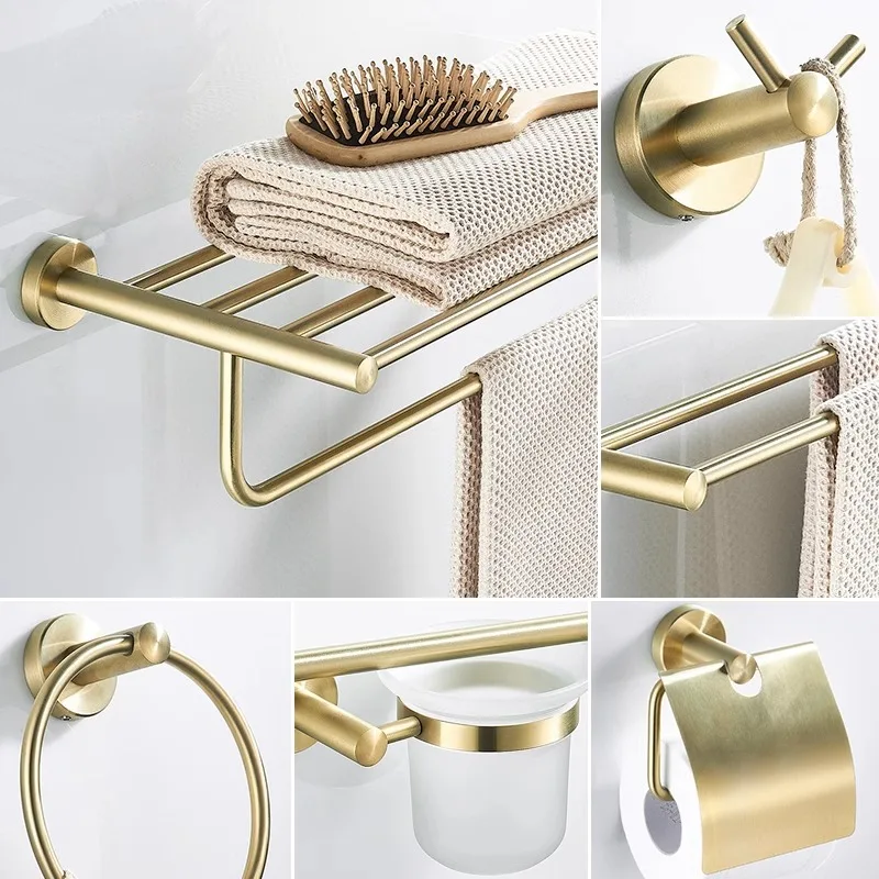 No Drill Brushed Gold Stainless Steel Bathroom Hardware Set Towel Rail Ring Toilet Paper Holder Hooks Optional Corner Shelf