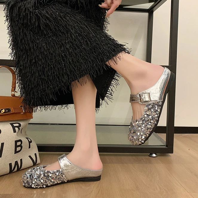 

Flat shoes, toe wrapped half slippers, women's summer versatile, 2024 new style, one legged sequin square toe women's shoes