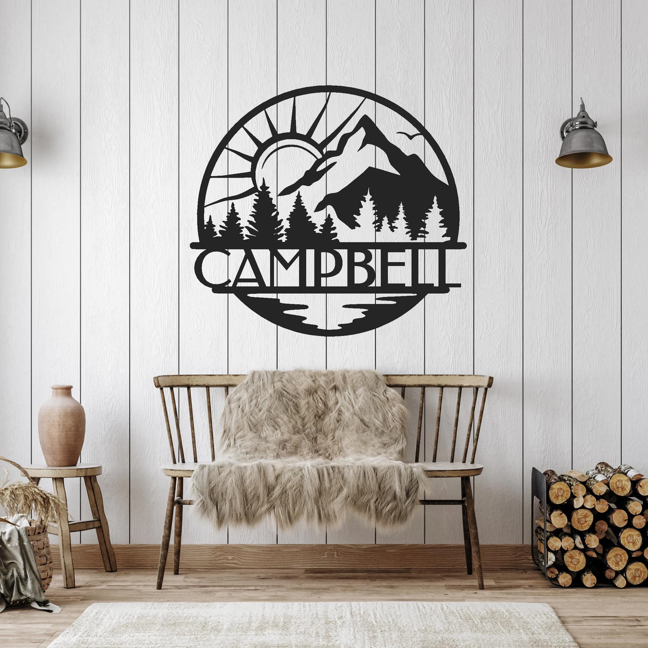 

Custom Personalized Family Name Metal Sign Mountain and Sun Scene Custom Wall Art Metal Home Decor