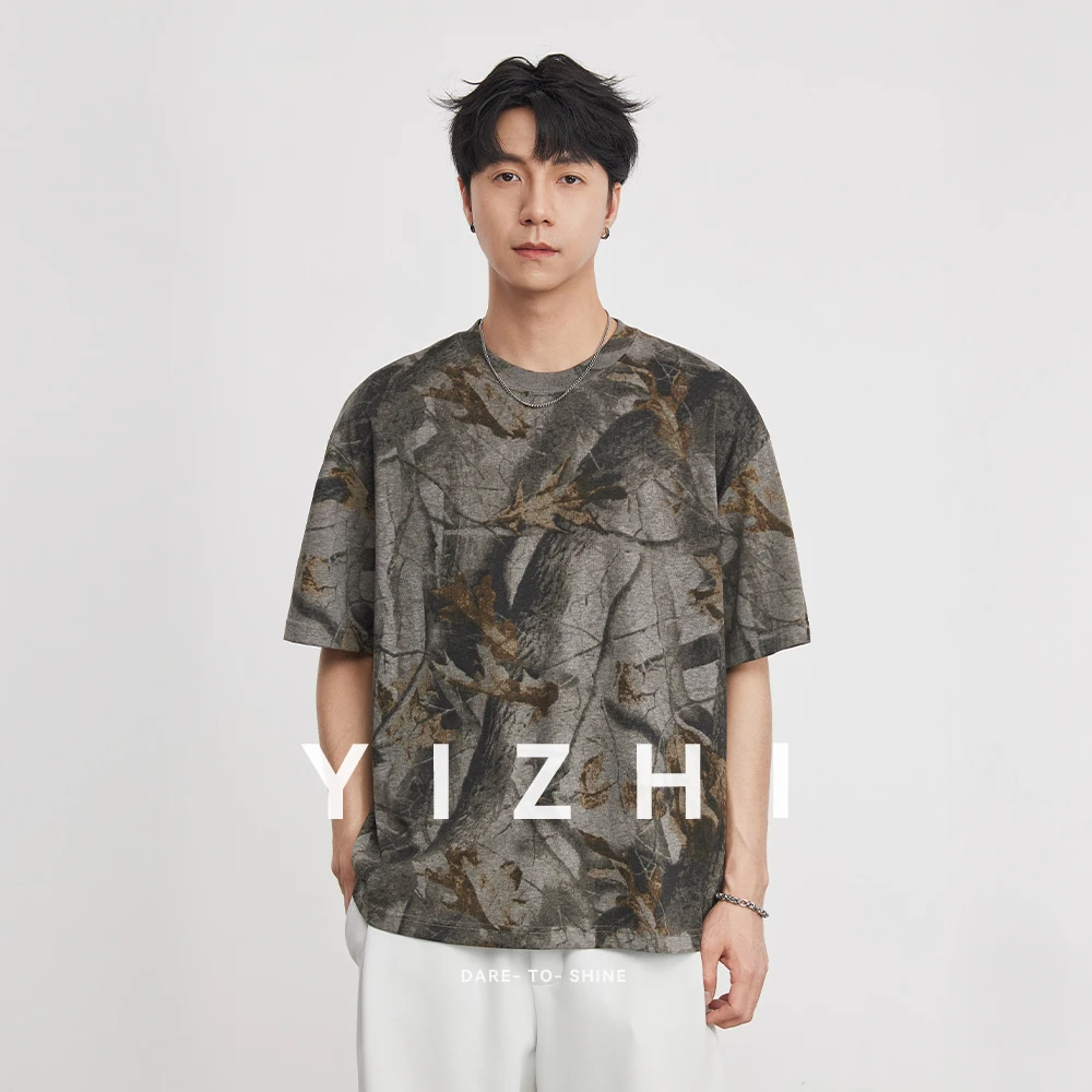 Men's Heavyweight 165g Vintage Print T-Shirt Summer 32S 75D Leaf Vein Texture Crew Neck Casual Short
