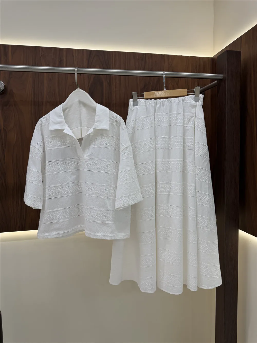 Women's Two-Piece Set: White Embroidered Openwork Cotton Short-Sleeve T-Shirt + A-Line Skirt