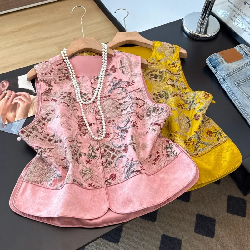 New Chinese Style Eastern Classical Autumn round Neck Embroidered Jacket Heavy Weave Floral Patterned Vest Ethnic Top Women's...