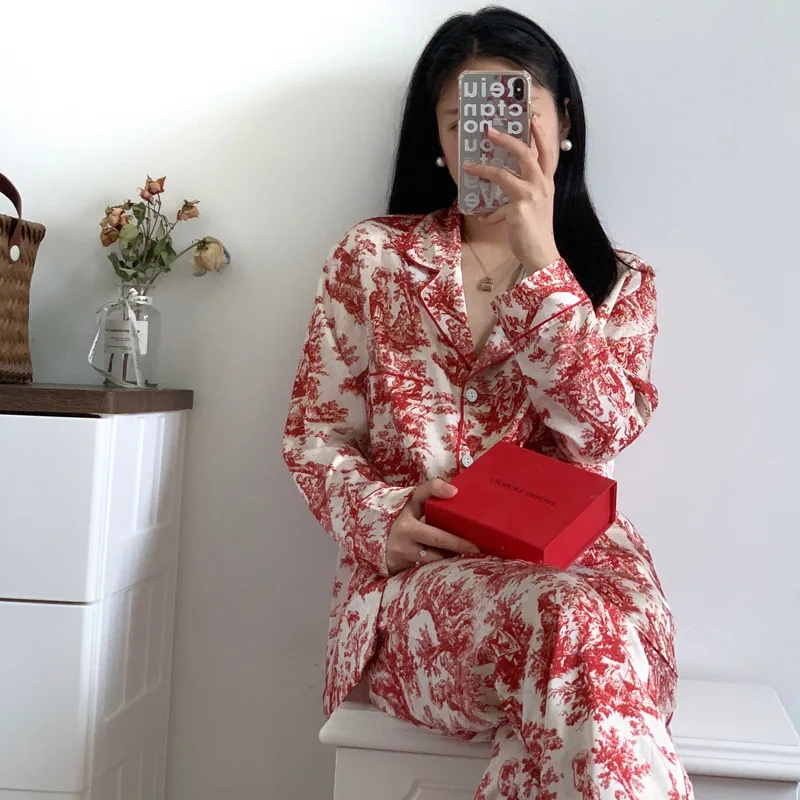 Fashion Print Flower 2PCS Pajamas Set Women Sleepwear Spring Summer Trouser Suits Lounge Wear Loose Satin Homewear Pijamas Suit