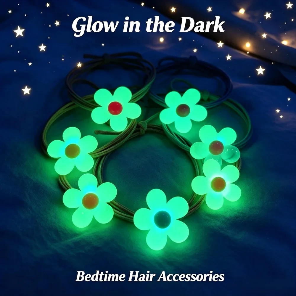 Glow‑in‑The‑Dark Flower Hair Ties, Cute Jelly Floral Hair Elastics, Aesthetic Boho Hair Scrunchies, Soft Ponytail Holders, Ins Trendy Hair Accessories for Girls & Women, 2‑Pack