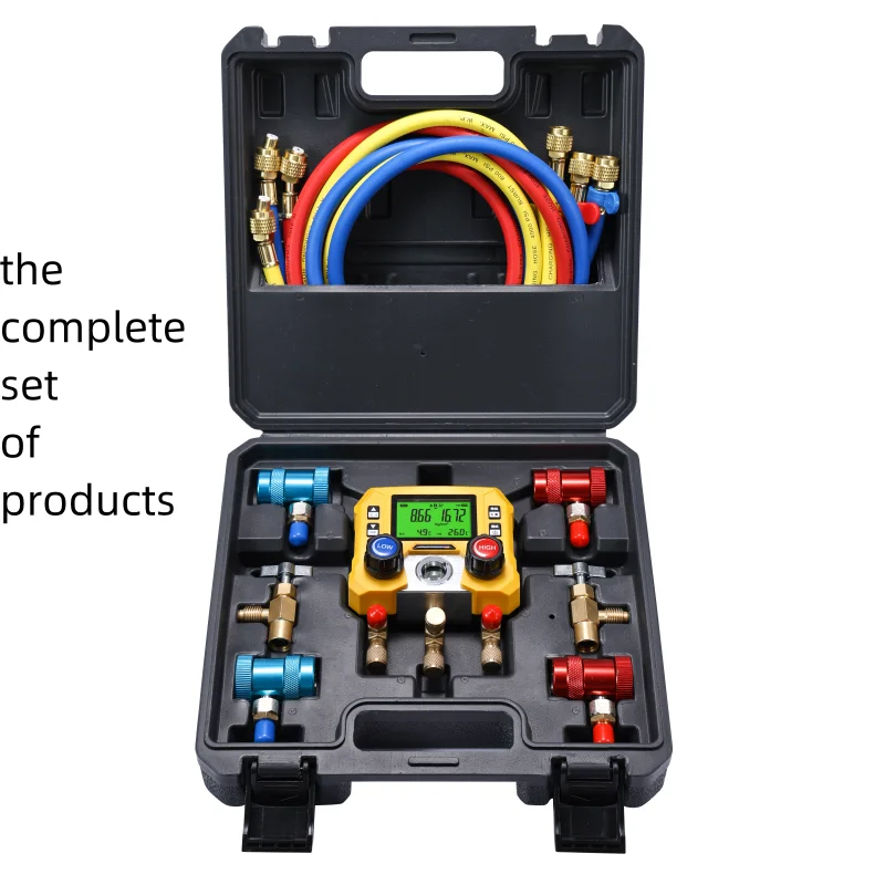 Digital HVAC Manifold Gauge Set With R134a R1234yf Quick Couplers and Can Taps 3 Hoses Car AC Refrigerant Recharge Kit