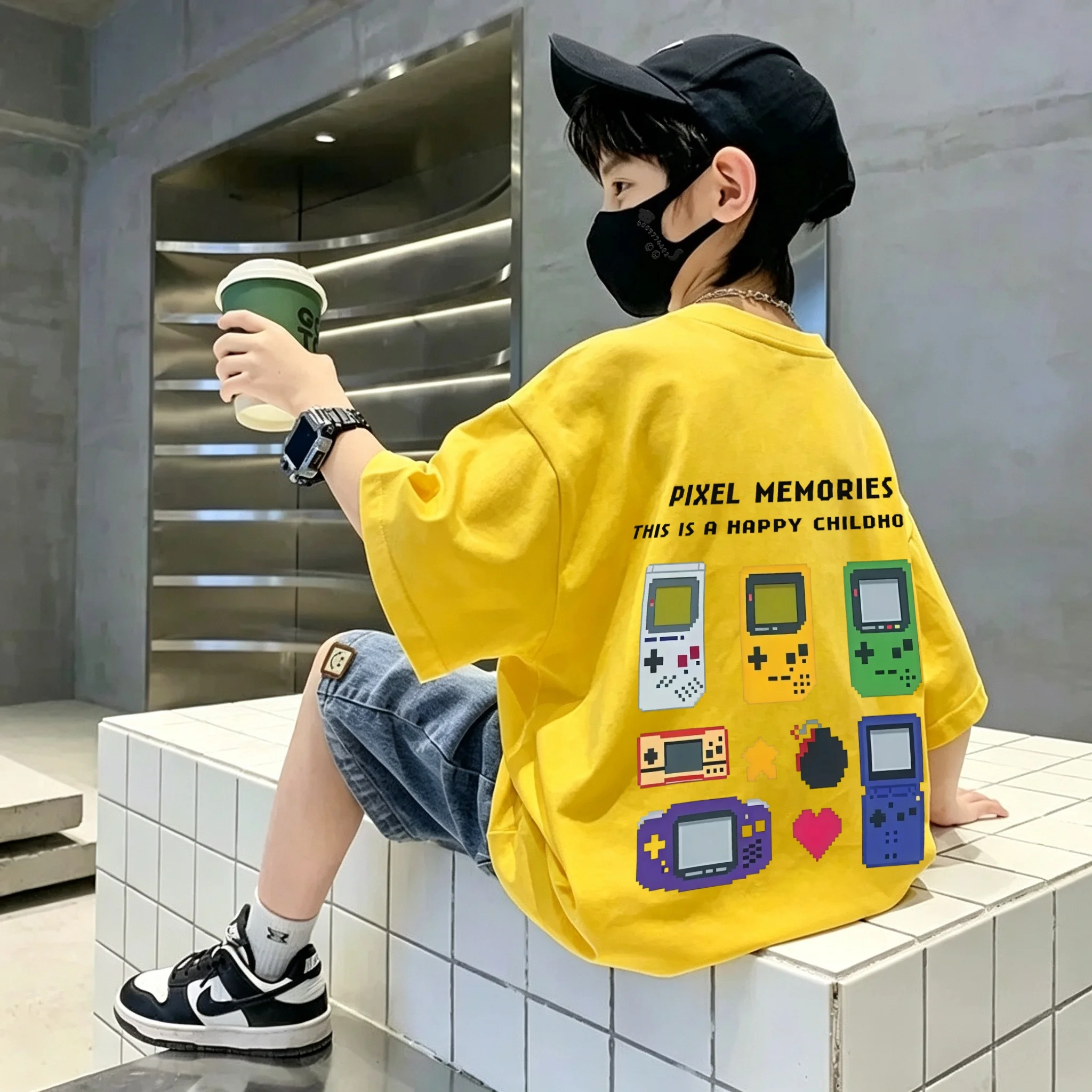 Fashionable best-selling children's pixel game console printed cotton T-shirt, latest style streetwear soft short-sleeved top