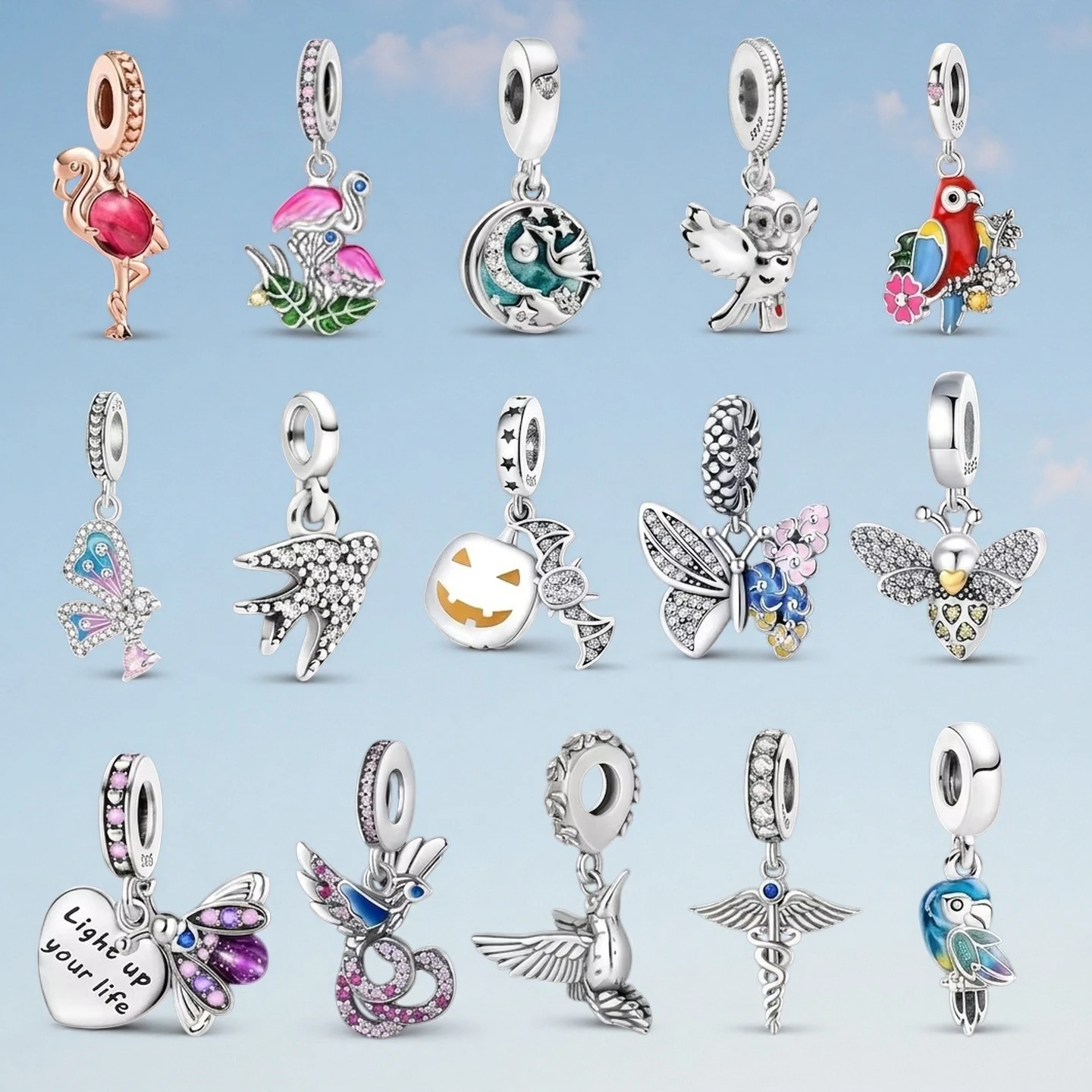 Nature DIY Charms Flamingo Parrot Owl Butterfly Bee Halloween Bat Dangle Beads Color Gift 925 Sterling Silver Jewelry
