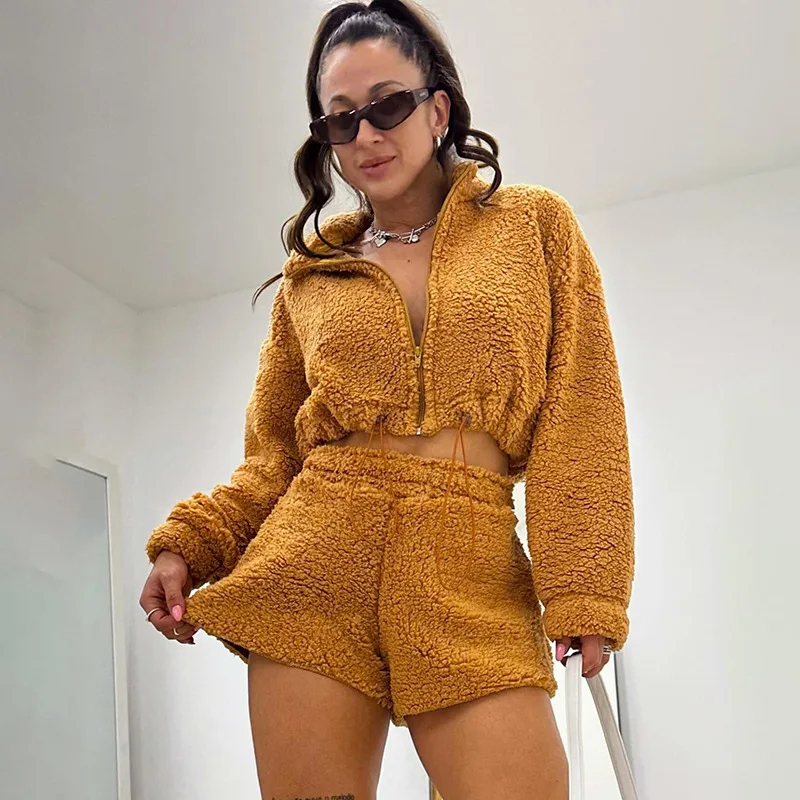 Cropped Fur Jackets 2 Piece Pant Set Outfits 2024 Winter Clothes Women Sexy Cute Elegant Furry Two Piece Set Shorts Pants image 5