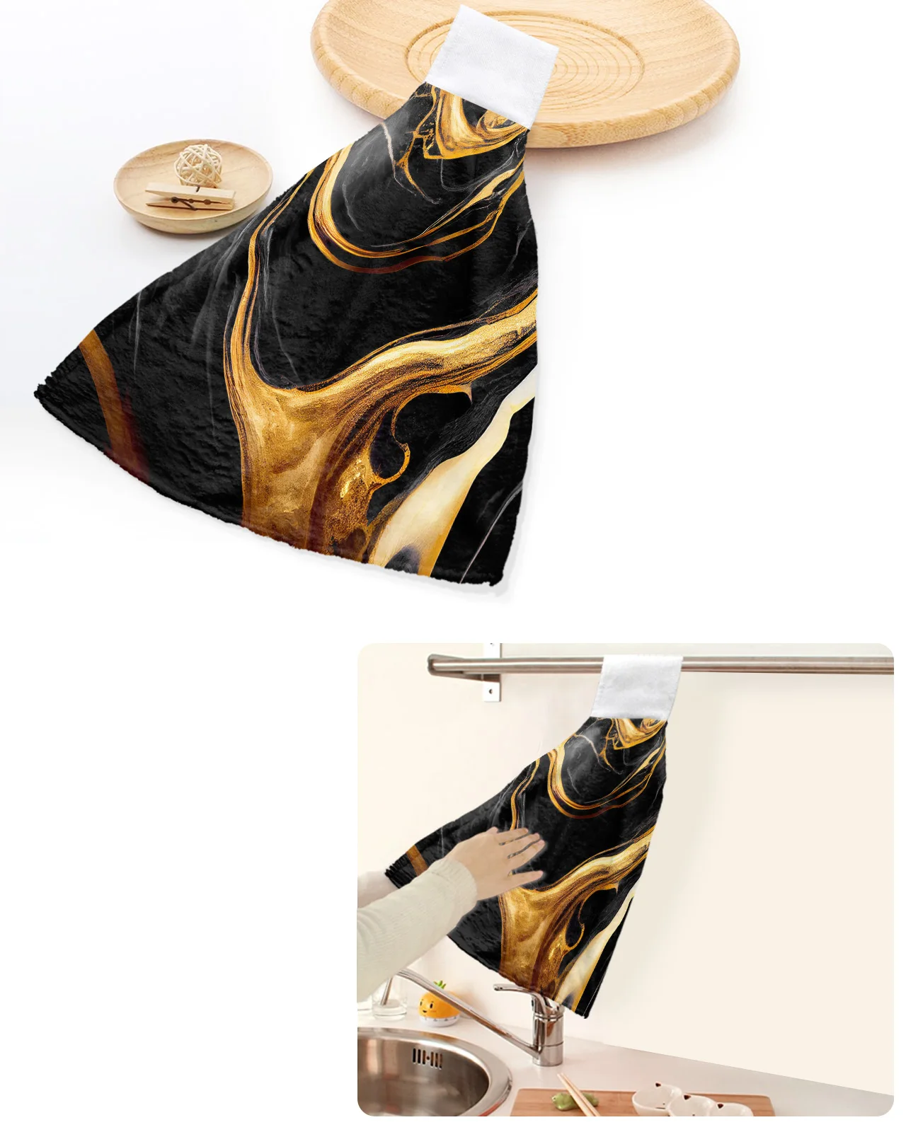 Marble Gold Texture Black Hand Towels Kitchen Microfiber Dishcloths Cleaning Cloth Bathroom Absorbent Hanging Towels