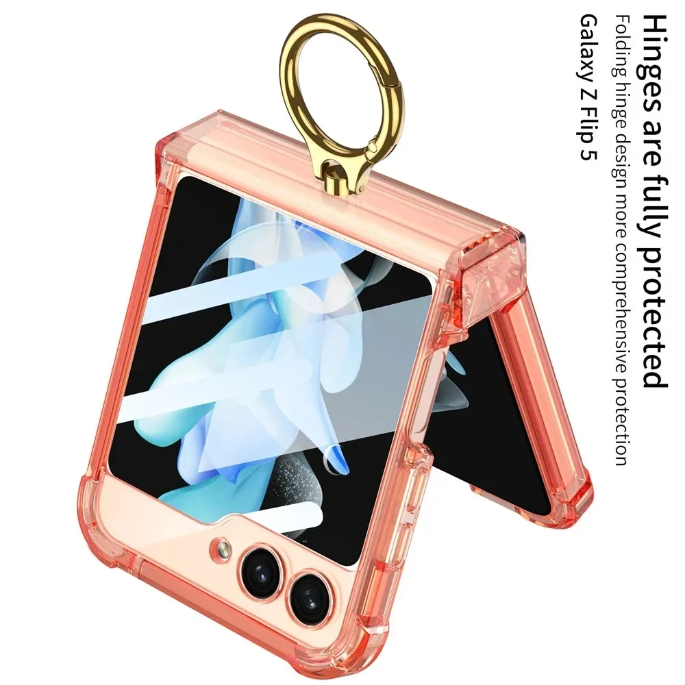 Ring Holder Transparent Soft Case for Samsung Galaxy Z Flip 6 5 4 3 flip6 5G Bracket Stand Clear Airbag Bumper Shockproof Cover