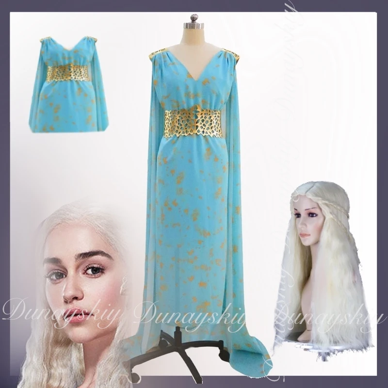 Juego de tronos (sangre y dragones) Daenerys Targaryen película de Cosplay peluca dorada clara vestido largo azul todo traje